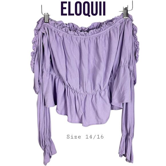 Eloquii Lavender Frill Trim Flounce Sleeve Off Shoulder Linen Look Top Size 14 - Picture 1 of 6